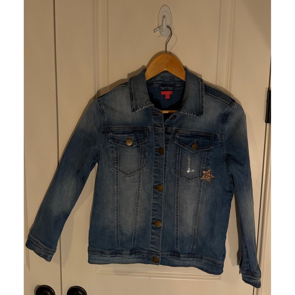 ME.N.U Denim Jacket Medium Wash Rhinestone Heart Star Slim Fit Womens Size M - Picture 2 of 8